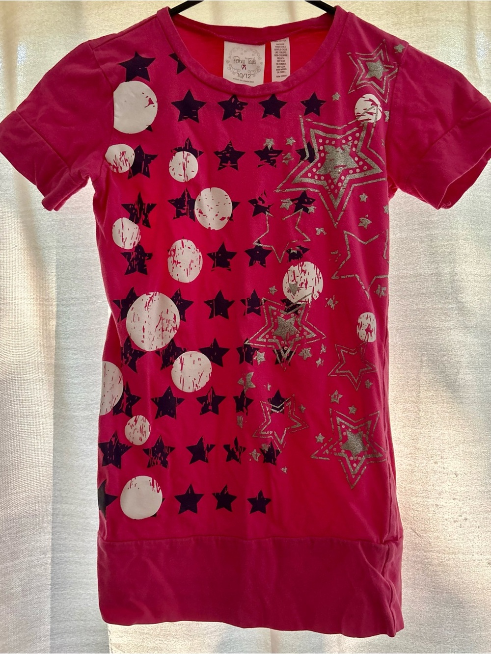 Girls' Pink and Navy Star & Silver Dot Graphic Tee Dress - size 10/12